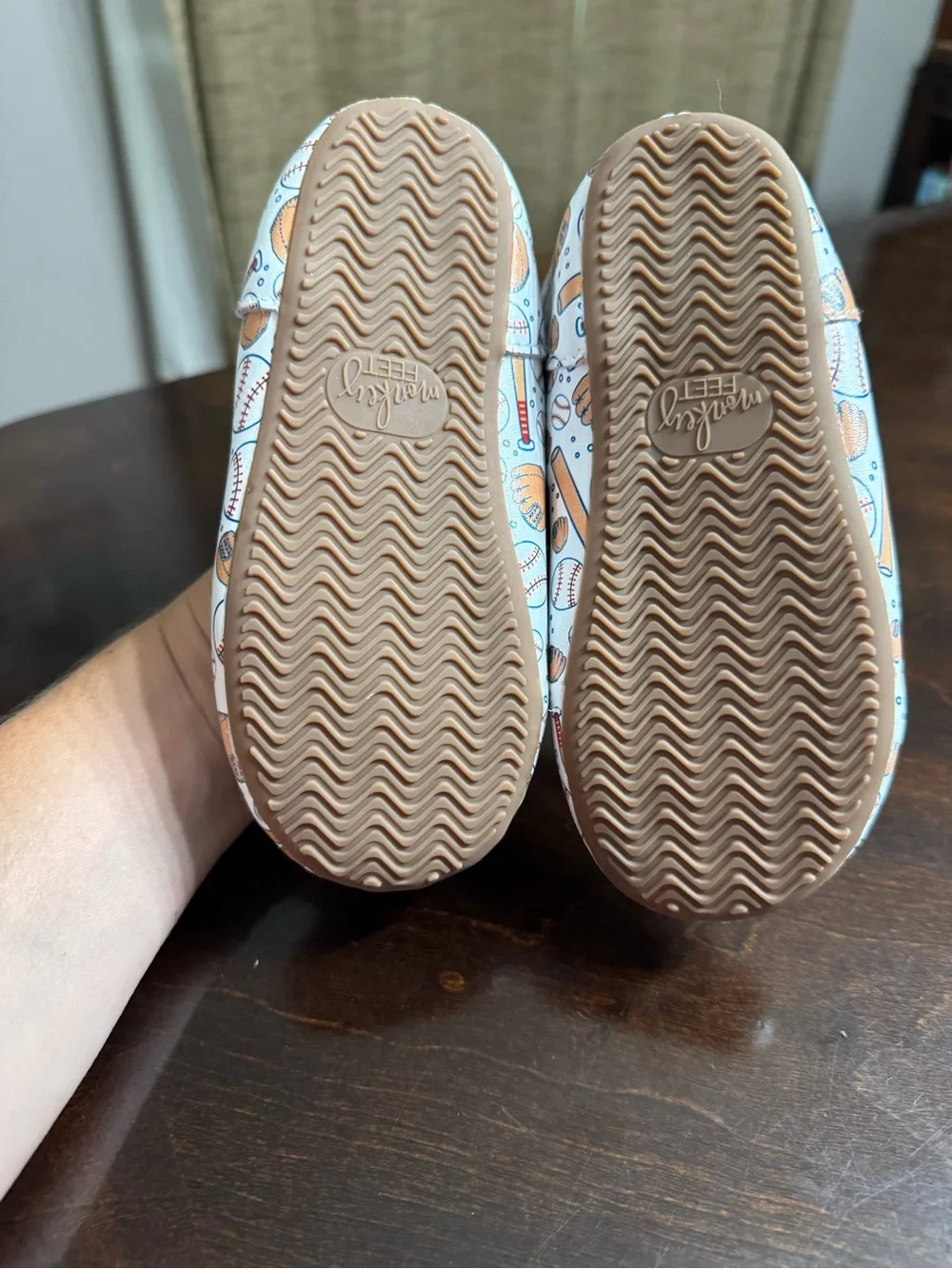 Monkey Feet White Baseball Print Mary Janes with Red Straps New no tags